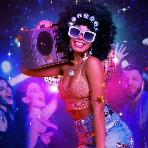 Glamorous 70s Women's Disco Costume Set with Wig & Reflective Jewelry - Picture 6 of 6